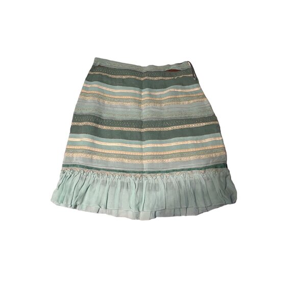 Odille Green & Cream Lace Ribbon Stripe Ruffle Skirt Anthropologie Gold Viscose - Picture 4 of 15